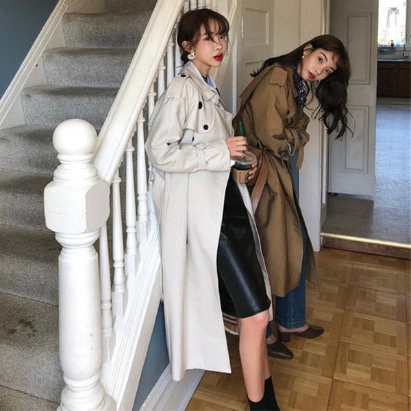 

korea cargo split long trench women 2020 autumn new double-breasted lapel belt female coat solid elegant ladies clothing, Tan;black