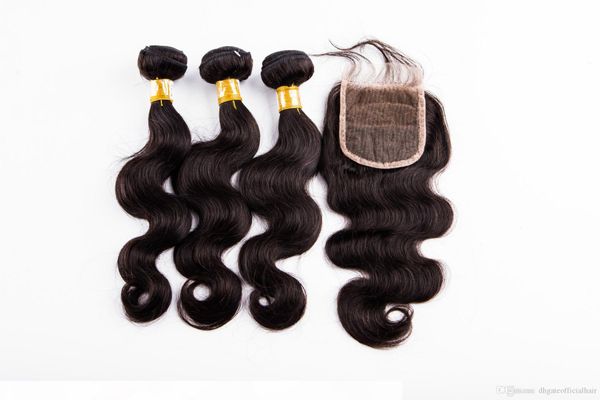 

brazilian virgin hair bundles with closure 10-28 double weft extensions dyeable hair weaves closure body wave wavy human hair bundles, Black;brown