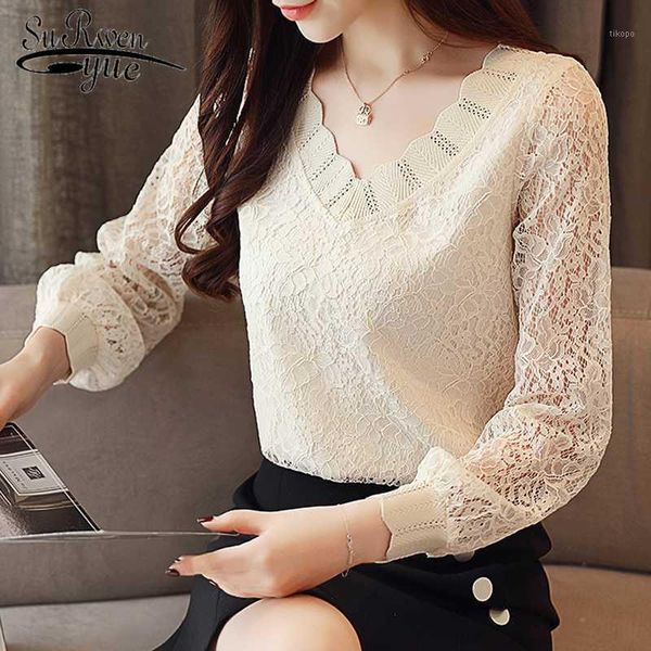 

2020 new fashion elegant casual women blouse solid women lace long sleeve v-neck clothing autumn korean style 5958 501, White