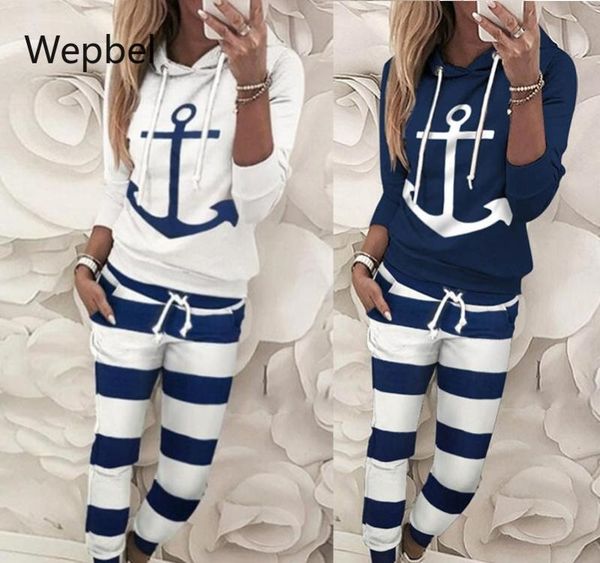 

wepbel autumn casual women set two-piece suit anchor printing long sleeve hoodie + long pants female 2 piece set outfits, Gray