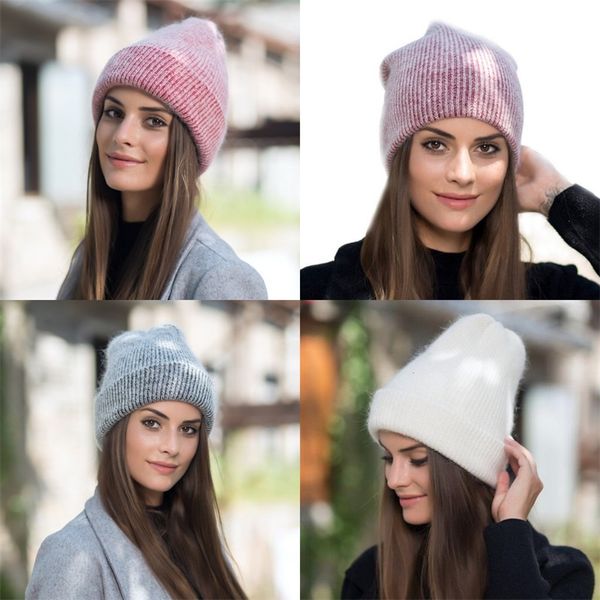 

thickening keep warm knitted hats rabbits hair blending autumn winter women men wool hat solid color beanies 13 5jy m2