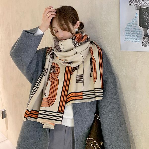 

2020 lady popular wool keep warm beach towel fashion autumn two-sided cashmere scarf winter carriage print tassels soft shawls, Blue;gray