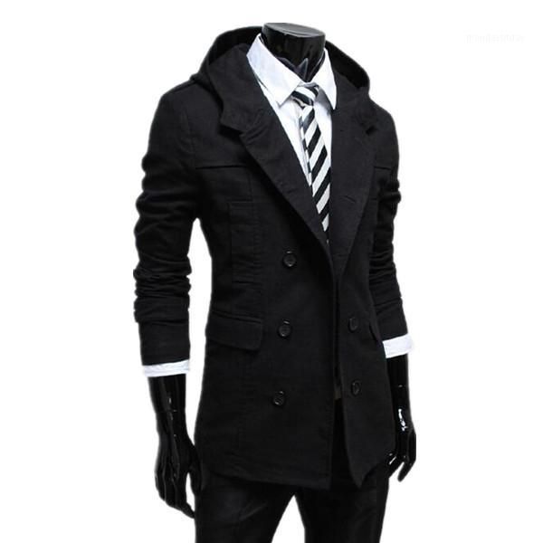 

2018 fashion autumn and winter mens trench coat double-breasted design hooded trench coat solid slim men casual jacket1, Tan;black