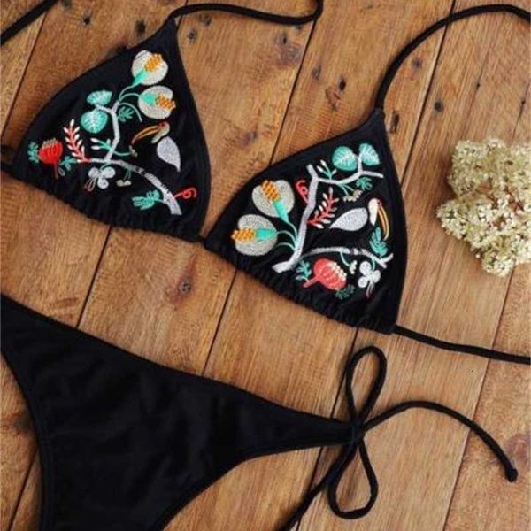 

women's push-up padded bra bandage bikini set swimsuit e swimwear bathing floral flamingos leaves black costume, White;black
