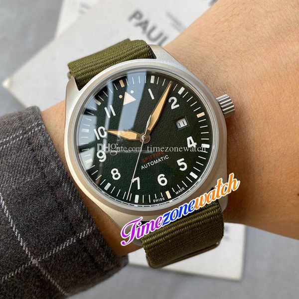 

39mm pilot aviator little prince iw326801 automatic mens watch iw326802 iw326803 green dial titanium steel case green nylon strap sport watc, Slivery;brown