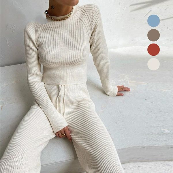 

causual knitted sweater suit winter tracksuit women clothing 2021 two piece knitted pants warm set female long sleeve sportswear, Gray