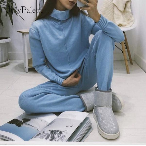 

julypalette 2020 autumn winter knitted tracksuit women 2 pieces sets turtleneck sweater + harem pants female knit sweater suit, Gray