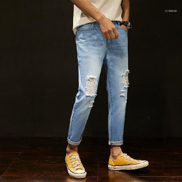 

new spring and summer men's jeans ninth trousers fashion students hole jeans for men pants11, Blue