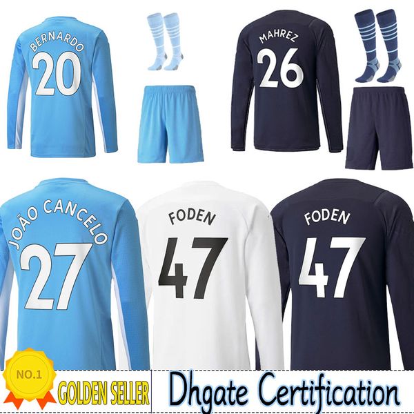 

haaland manchester long sleeve city de bruyne soccer jerseys grealish sterling men kit 21 22 foden bernardo football shirt full set socks un, Black;yellow