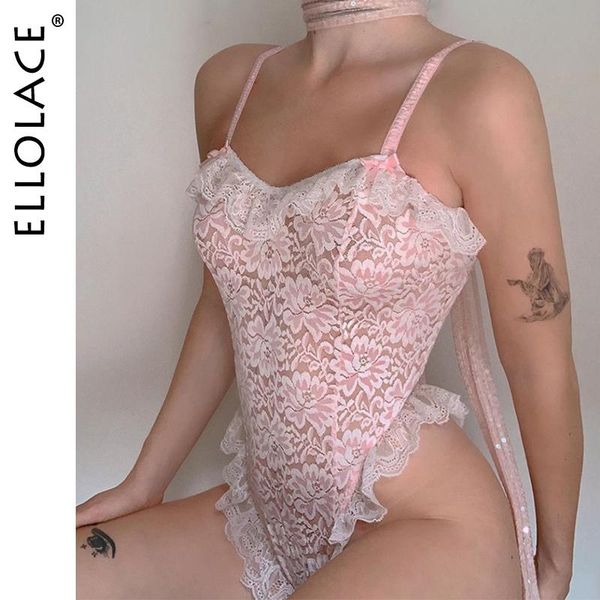 

ellolace lace body ruffle women bodysuit sleeveless rompers bodycon see through women's jumpsuit overalls body suit, Black;white