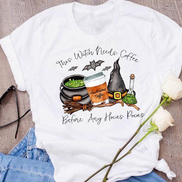 

women graphic cartoon witch coffee 90s cute autumn fall halloween clothes lady tees print female t shirt womens t-shirt, White