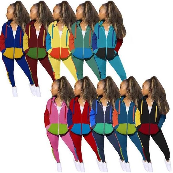 

women tracksuit constrast color patchwork hoodies jacket zipper coat + leggings pants two piece clothing hooded trousers outfits e122902, White