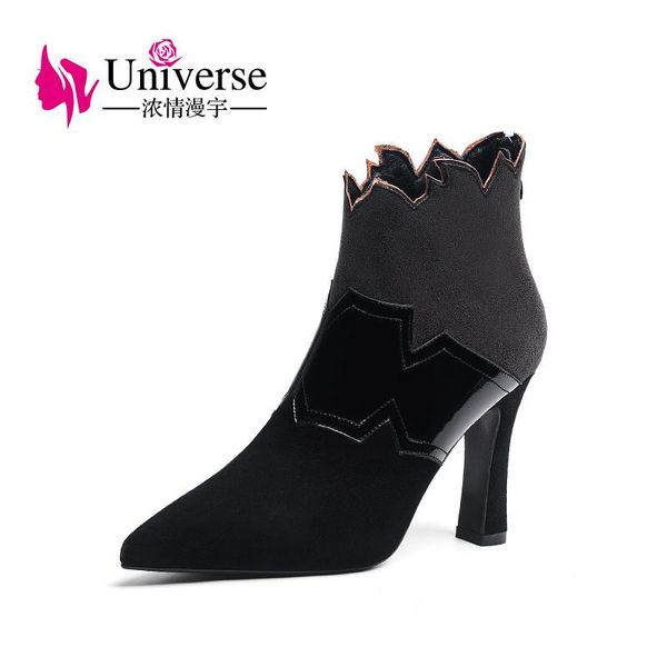

universe 2020 new geniune leather ladies boots pionted toe high heel ankle women boots winter zipper style bota feminina j273, Black
