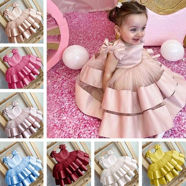 

girl's dresses real image puffy flower girl for wedding layers satin bow kids princess dress shoulder first communion dresses1, Red;yellow