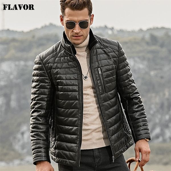 Sabor de couro real dos homens para baixo jaqueta homens genuíno lambskin inverno casaco de couro quente com removível ereto carneiro colar de pele 201114