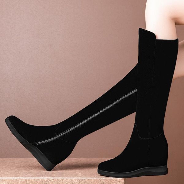 

women's genuine suede leather wedge platform winter knee high boots round toe high heel comfortable black long boots shoes women