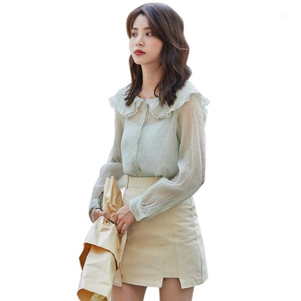 

fashion outwear daily button thin women blouse doll collar with mini sling summer sweet long sleeve chiffon casual dating1, White