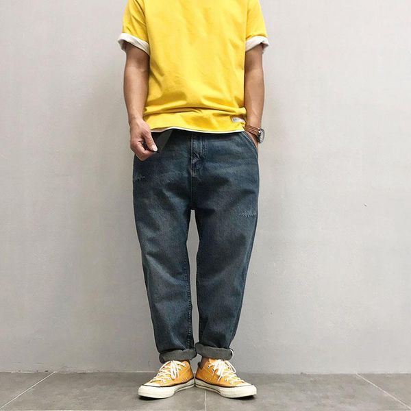 

spring autumn men vintage straight jeans with pockets fashion loose streetwear male pencil pants denim cotton harem trousers1, Blue