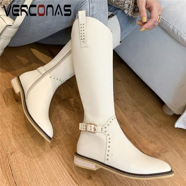 

boots verconas concise basic knee-high for women low heels shoes woman autumn winter genuine leather classic rivets long boots1, Black