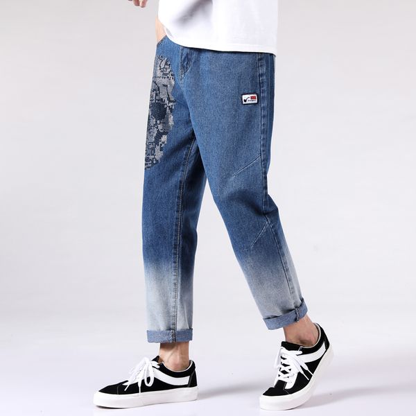 

jeans men's fall and winter korean version of the trend of loose straight pants handsome and versatile print casual wear, Blue