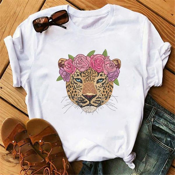 

flower leopard print funny woman tshirts aesthetics summer short sleeve femme graphic tees fashion new harajuku vogue tee, White