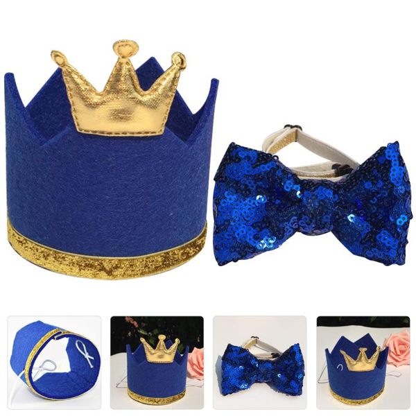 

dog apparel 2pcs pet birthday crown hat bow tie set cat sequin bowtie kids