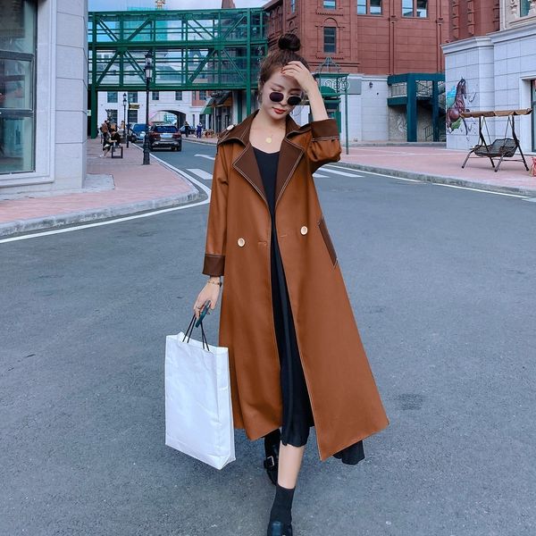 

2021 new bluso feminino primavera outono novo coreano longo solto hit costura elegante em forma de h lapela trench coat female1a crml, Black;brown