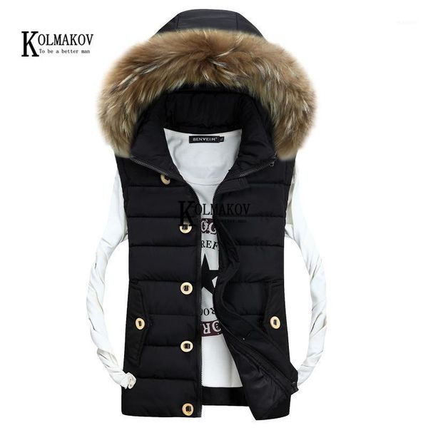 

kolmakov new arrival fur collar hooded vest men casual waistcoat sleeveless padded jacket couples detachable hat outwear 3 color1, Black;white