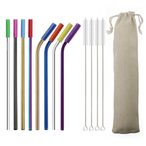 

drinking straws 8pcs reusable straw metal with silicone tip colorful stainless steel bent straight 4 brushes for 20oz 30oz1