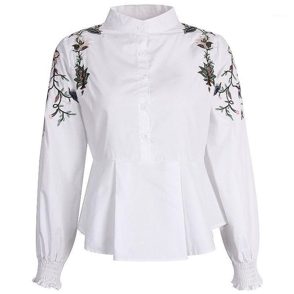 

irisapparels women shirts plus size autumn 2020 new shirt stand collar single-breasted lantern sleeve embroidered ruffle blouse1, White