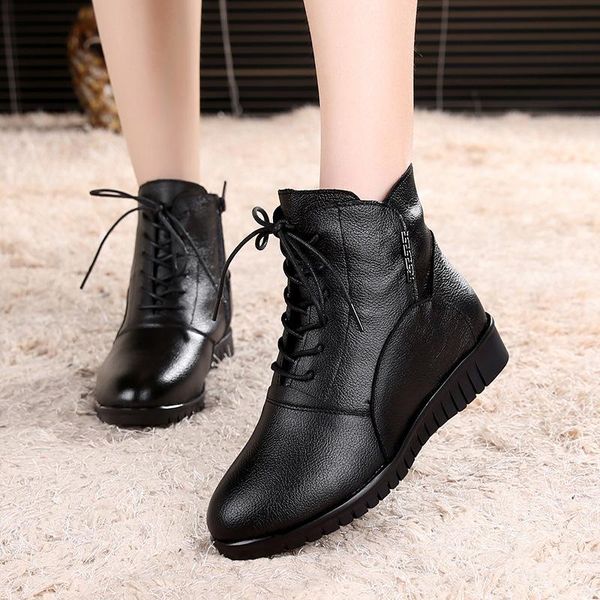 

boots plus size ankle for women autumn winter shoes woman genuine leather warm platform flat uik90, Black
