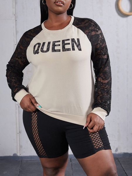 

sxy plus letter graphic contrast lace raglan sleeve sweatshirt b2kj#, Black