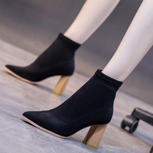 

black high heels women's 2020 autumn single boots thick heel wild net red stretch boots women short botas de mujer1