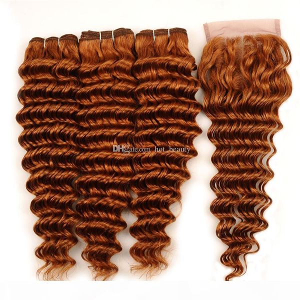 

30# light auburn deep wave bundles with closure virgin brazilian human hair weaves 3 bundle deals with lace closure 4x4 part, Black