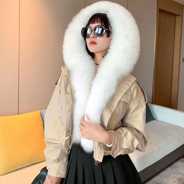 

2021 new great fur collar short skin parka female winter jacket real wool lining warm coat with hood snow outwear icn3, Black