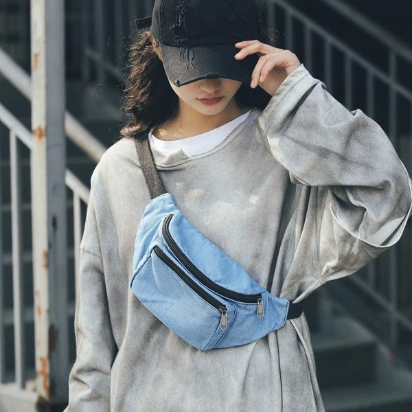 

women vintage denim fanny pack bag teenager 80's fashion retro jeans waist bags student harajuku stylish fabric chest pouch bag