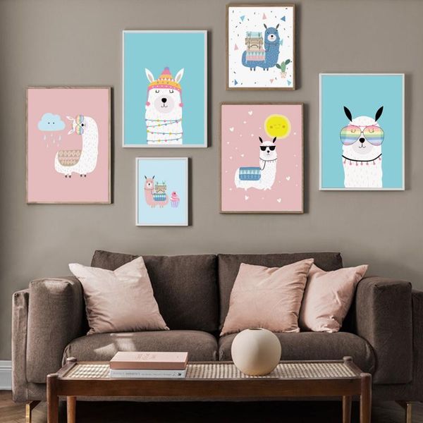 

cartoon cute alpaca llamas glasses cactus wall art canvas painting nordic posters and prints wall pictures baby kids room decor