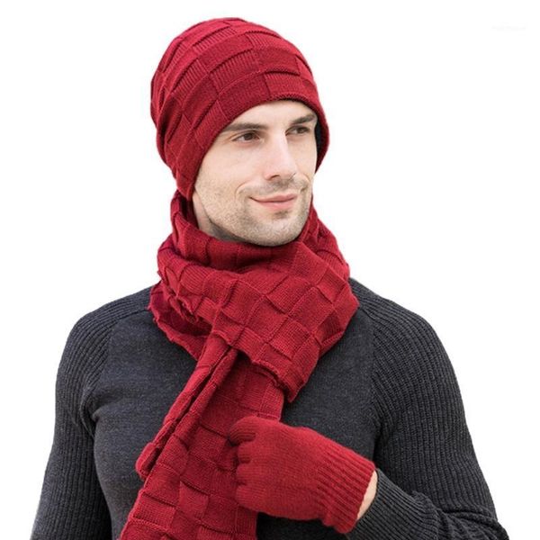 

hats, scarves & gloves sets men winter 3pcs solid plaid knit beanie hat long scarf touch screen set x5xa1, Blue;gray