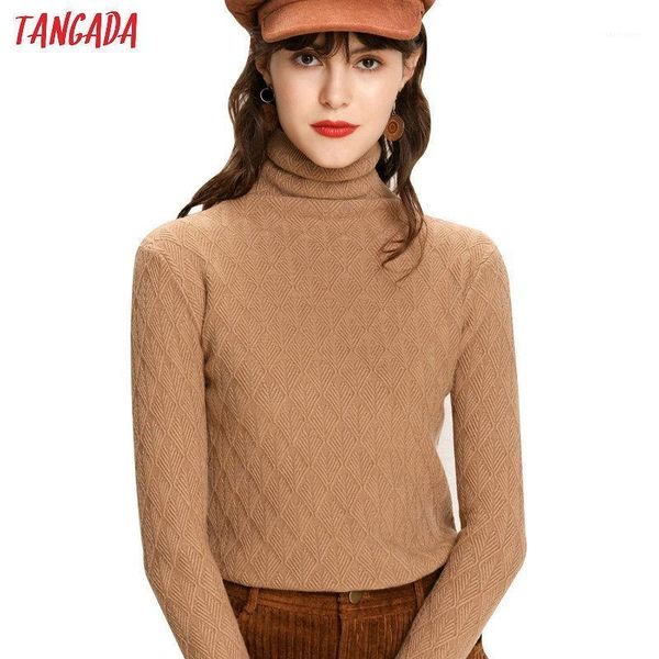 

tangada winter 2020 fashion women geometry pattern knit sweater turtleneck long sleeve slim khaki black soft pulloveraqj091, White;black