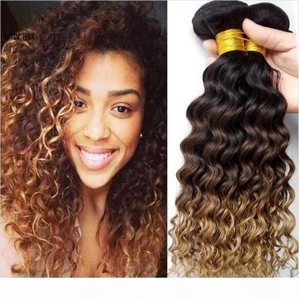 

peruvian deep curly wave 1b 4 27 honey blonde ombre human hair 3pcs three tone human hair weave peruvian human hair bundles, Black