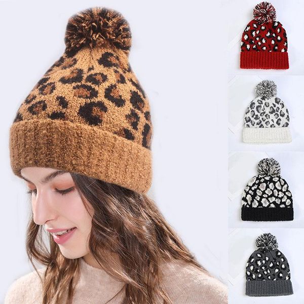 

new knitted leopard beanie winter hat fashion thick warm bonnet skullies cap soft fur pom poms knitted woolen hat, Blue;gray