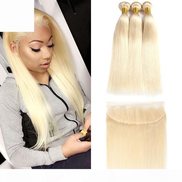

9a brazilian virgin hair #613 blond 3 bundles with 13*4 frontal closure lace frontal and bundles silk straight hair bundles and frontal, Black;brown