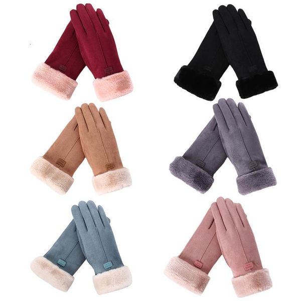 

women winter faux suede touch screen gloves thermal warm plush lined cold weather windproof driving elegant full finger mittens, Blue;gray