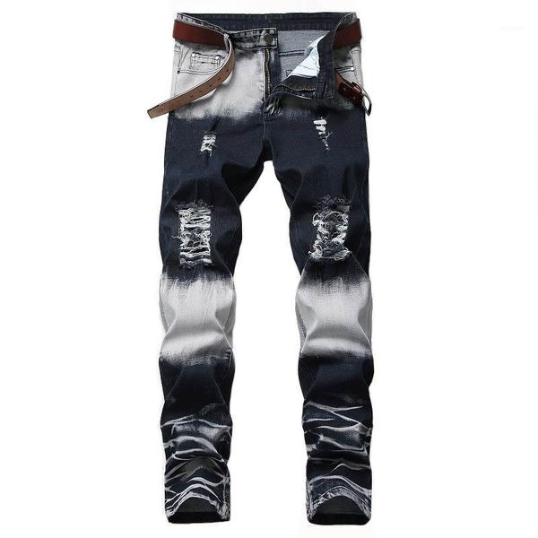 

mcikkny new men's ripped jeans pants slim distressed black grey denim trousers streetwear ankle zipper jeans for male washed1, Blue
