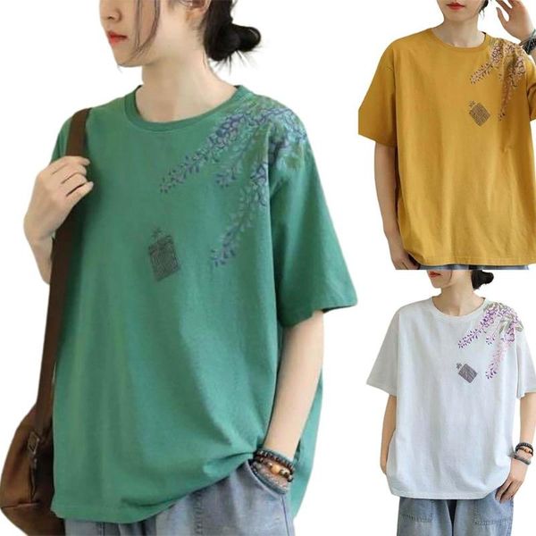 

women's t-shirt women vintage short sleeve o neck floral print loose casual for female plus size 3xl, White