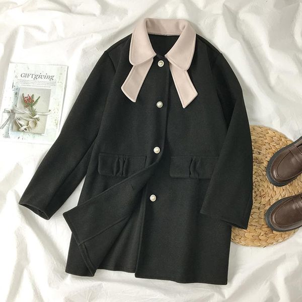 

2020 новая корейская версия hepburn style bowknot color-block woolen part women осень и зимняя одежда ретро среднего пальто, Black