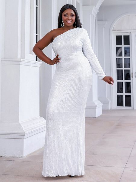 

seomiscky plus one shoulder slit back sequin prom dress e4pc#, Black