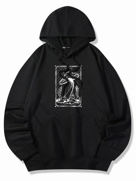 

romwe guys mushroom graphic kangaroo pocket drawstring hoodie x63s#, Black