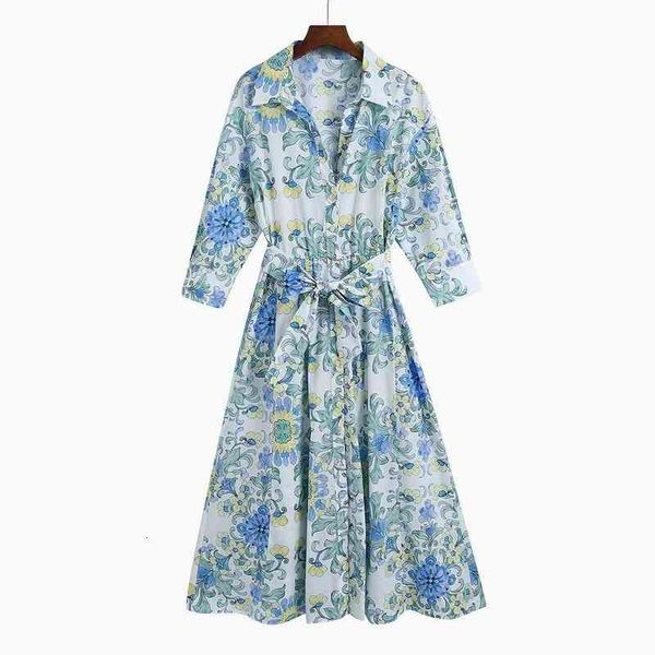 

summer flower womens retro dress street fashion printing and dyeing long sleeves printing lapel high waist womens dress., Black;gray