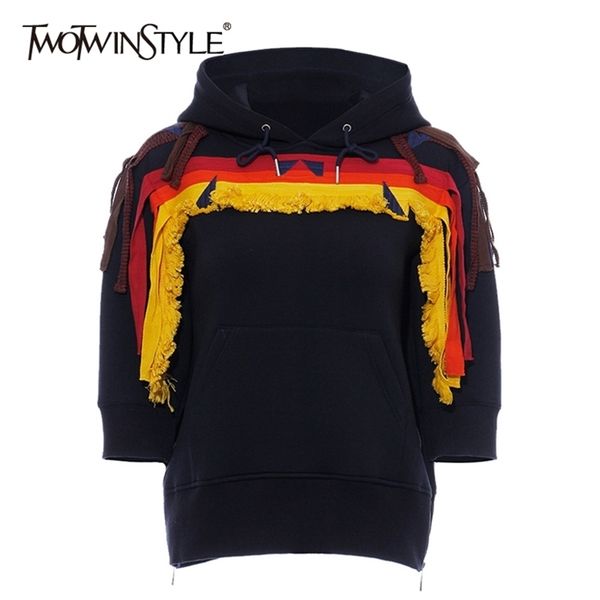 

twotwinstyle geometric embroidery women's sweatshirt long sleeve tassel patchwork side zipper hoodie female autumn new 201217, Black